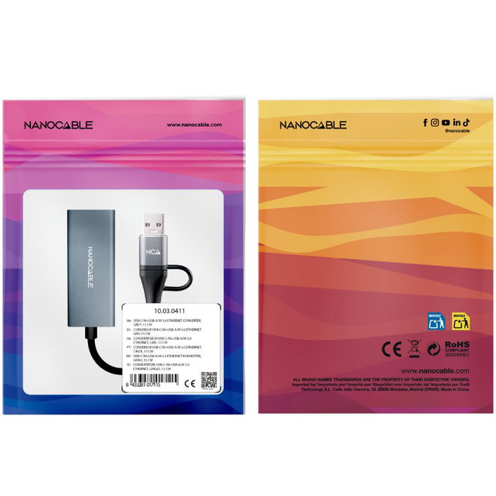 Nanocable Conversor USB-C + USB-A 3.0 a Ethernet RJ45, 1000 Mbps, Gris